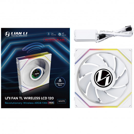 Lian Li UNI FAN TL Wireless LCD Fan - ARGB, PWM - 120mm - Beyaz Renk - Reverse Blade Lian Li UNI FAN TL Wireless LCD Fan - ARGB, PWM - 120mm - Beyaz Renk - Reverse Blade