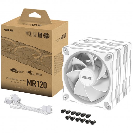 ASUS Prime MR120 ARGB Fan, PWM, Aura Sync - 120mm, White - (Beyaz Renk 3'lü Set) - Reverse Blade ASUS Prime MR120 ARGB Fan, PWM, Aura Sync - 120mm, White - (Beyaz Renk 3'lü Set) - Reverse Blade