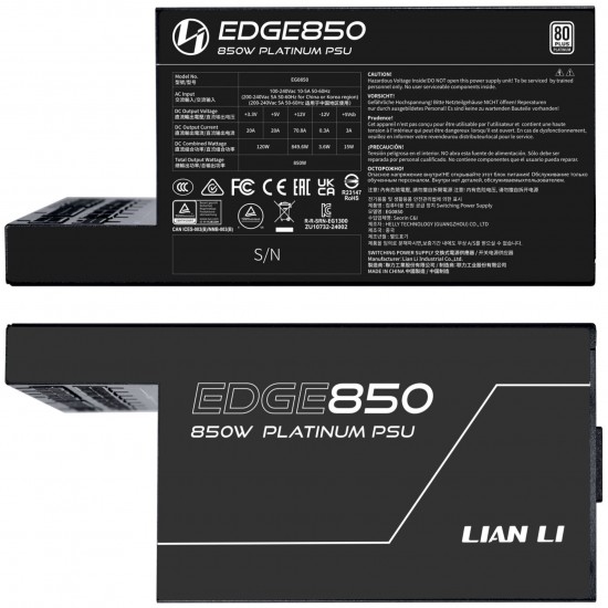 Lian Li EDGE EG0850 80 PLUS Platinum Power Supply, PCIe 5.1, ATX 3.1 - 850 Watt, Black
