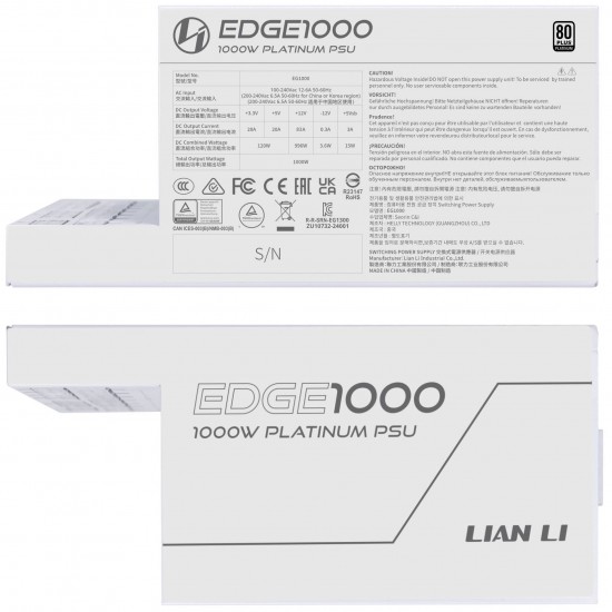 Lian Li EDGE EG1000 80 PLUS Platinum Power Supply, PCIe 5.1, ATX 3.1 - 1000 Watts, White
