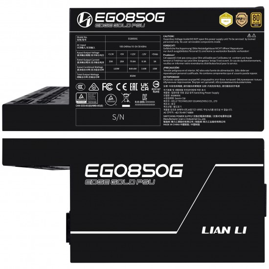 Lian Li EDGE GOLD 850 80 PLUS Gold Power Supply, PCIe 5.1, ATX 3.1 - 850 Watts, Black