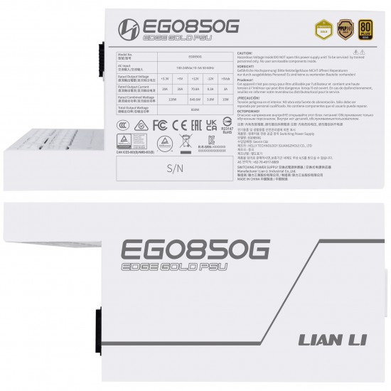 Lian Li EDGE GOLD 850 80 PLUS Gold Power Supply, PCIe 5.1, ATX 3.1 - 850 Watts, White