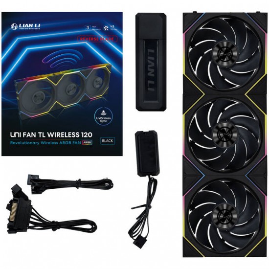 Lian Li UNI FAN TL Wireless 120mm RGB - Black - Model: 12TL1W3W - Reverse Blade - Incl. Controller 3-Pack
